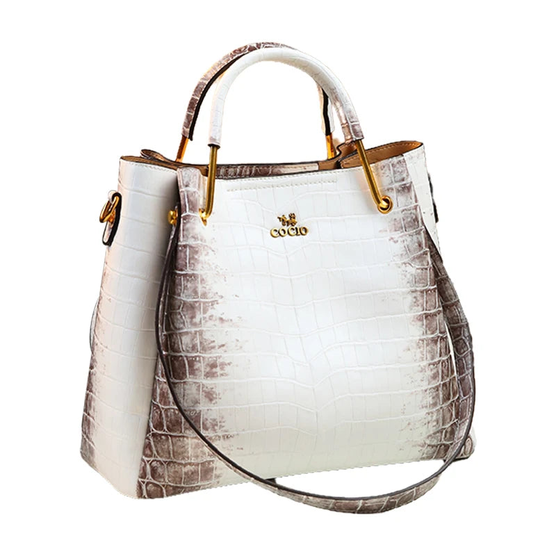 White Crocodile Pattern Leather Handbag Bucket Bag