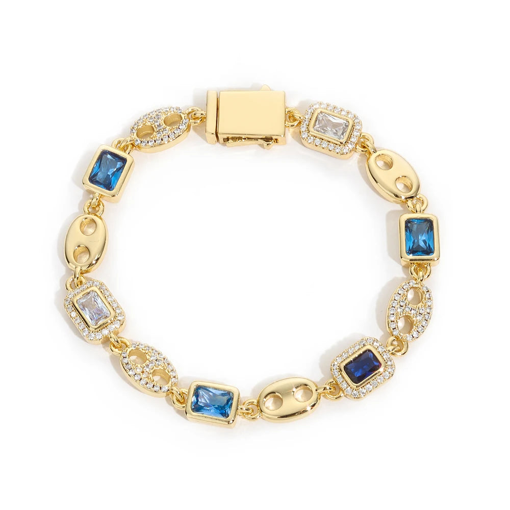 8MM Gemstone Iced Out Bracelet Blue Cubic Zirconia Link Bracelet Fashion Jewelry
