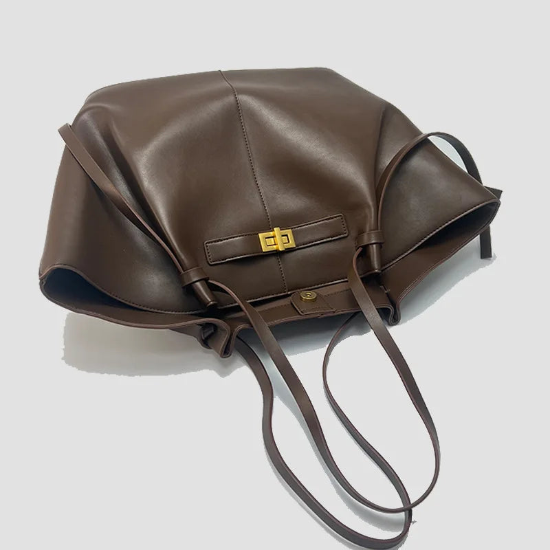 Fashion Large Capacity Trapeze Shoulder Bag Design Metal Lock Handbag