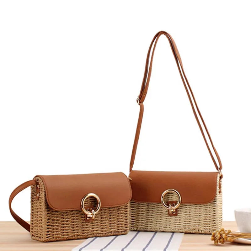 Shoulder Bags Casual Leather Handbags for Women Straw Woven Crossbody Bags