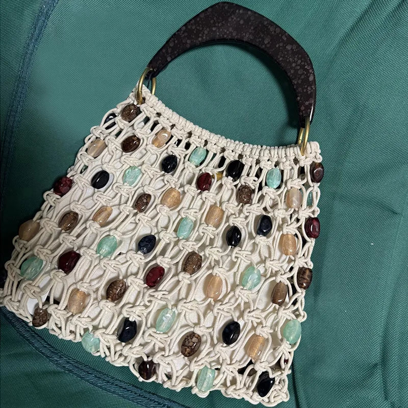 Hand-woven Beaded Tote Wooden Handle Knitted Bag