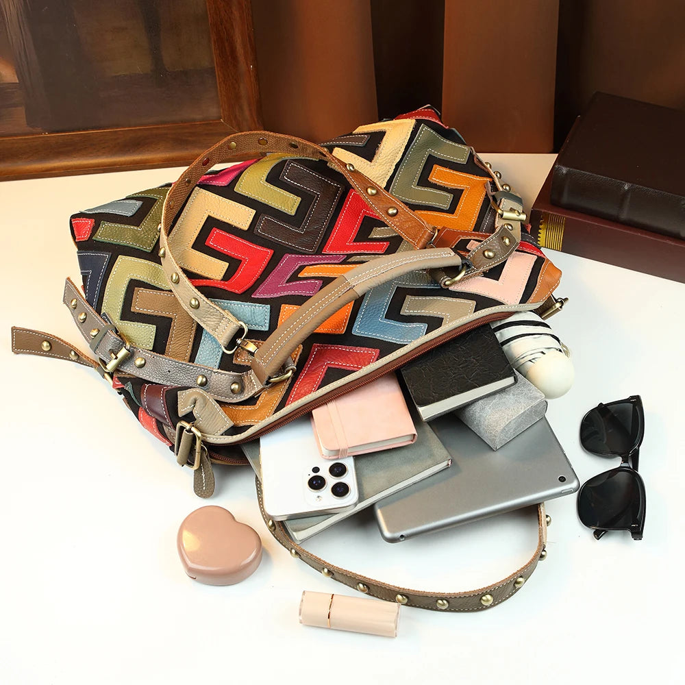 Crossbody retro geometric color blocked leather computer bag