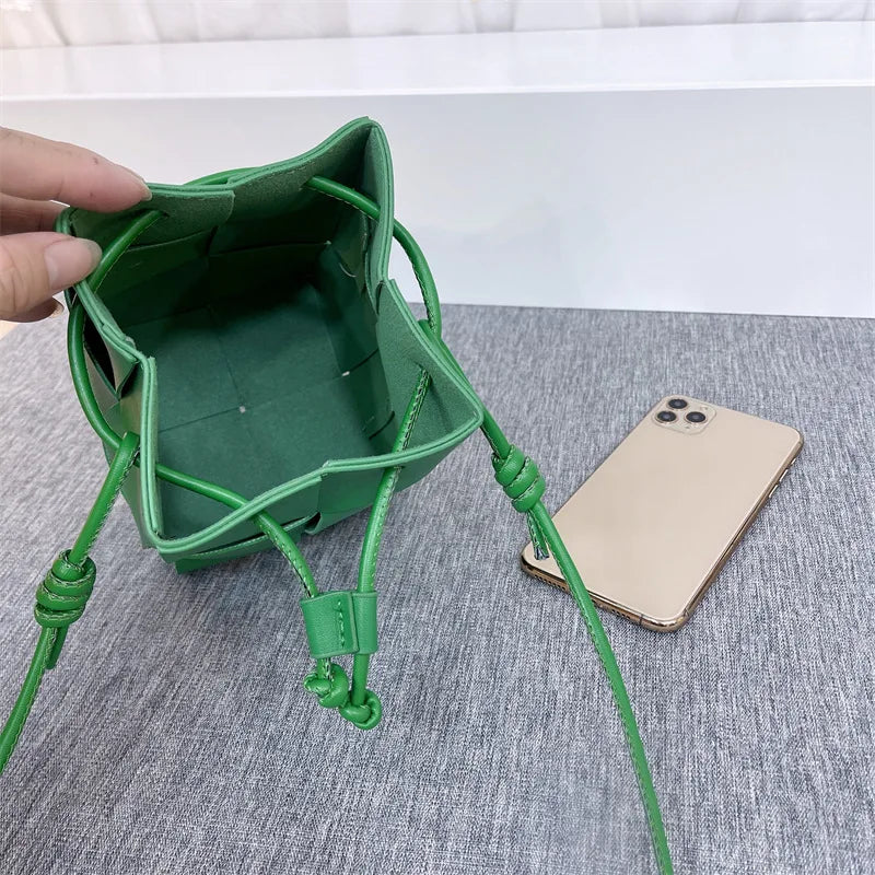 Trendy Mini Bucket Bag Versatile Woven Drawstring Phone Bag Casual Simple Design