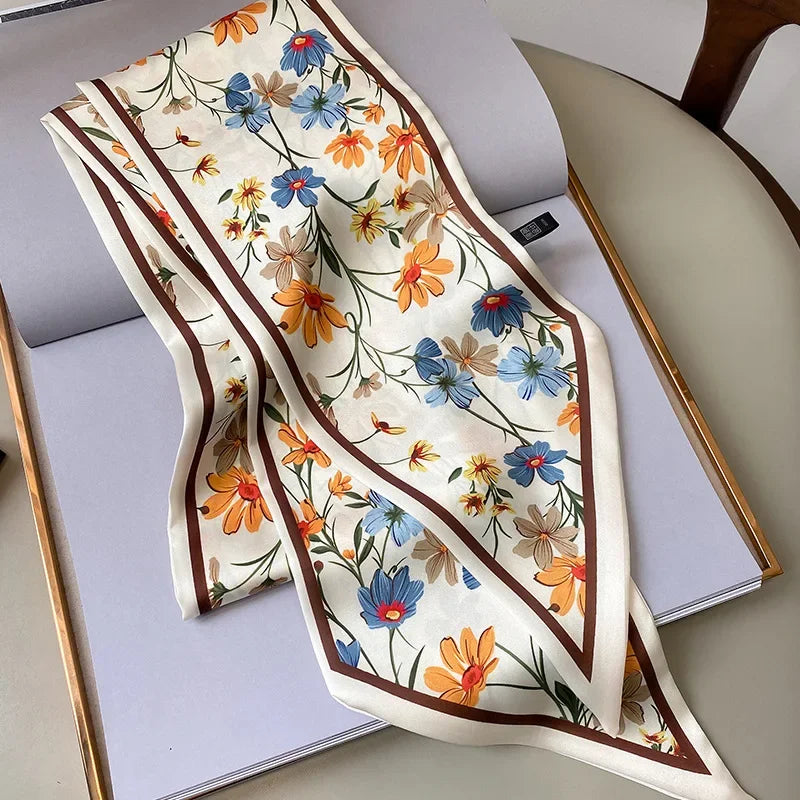 Fashion Headbands Women's Flower Print Lightweight Scarf Streamer Soft Satin Neckerchief
