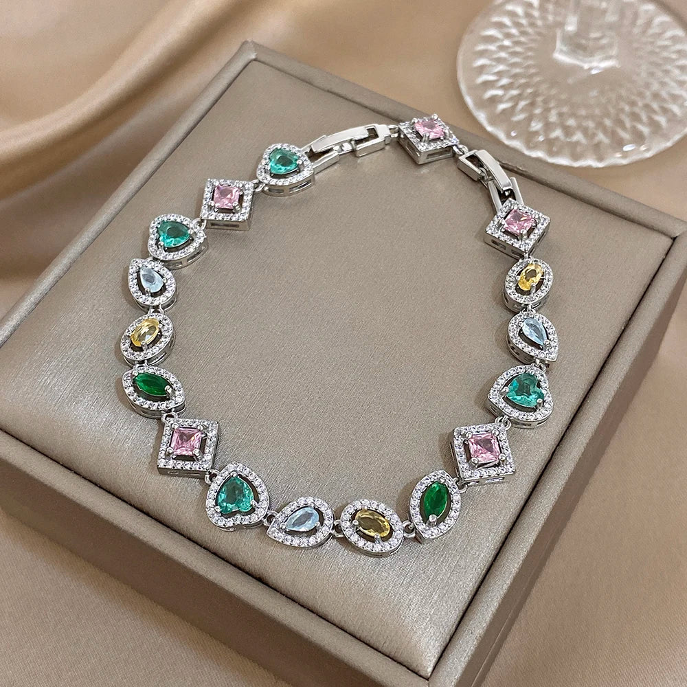 Colorful Rhinestone Chain Bracelet Sliver Color Multiple Geometry Shape Design Bangle