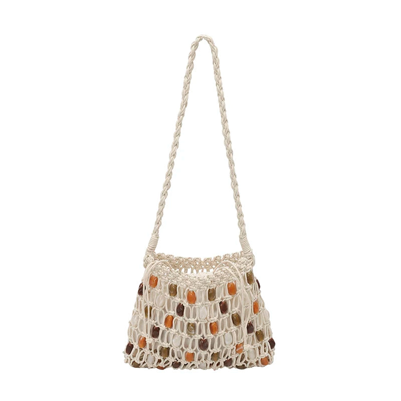 Beaded Crochet Mesh Tote Handmade Woven Hollow Out Bag