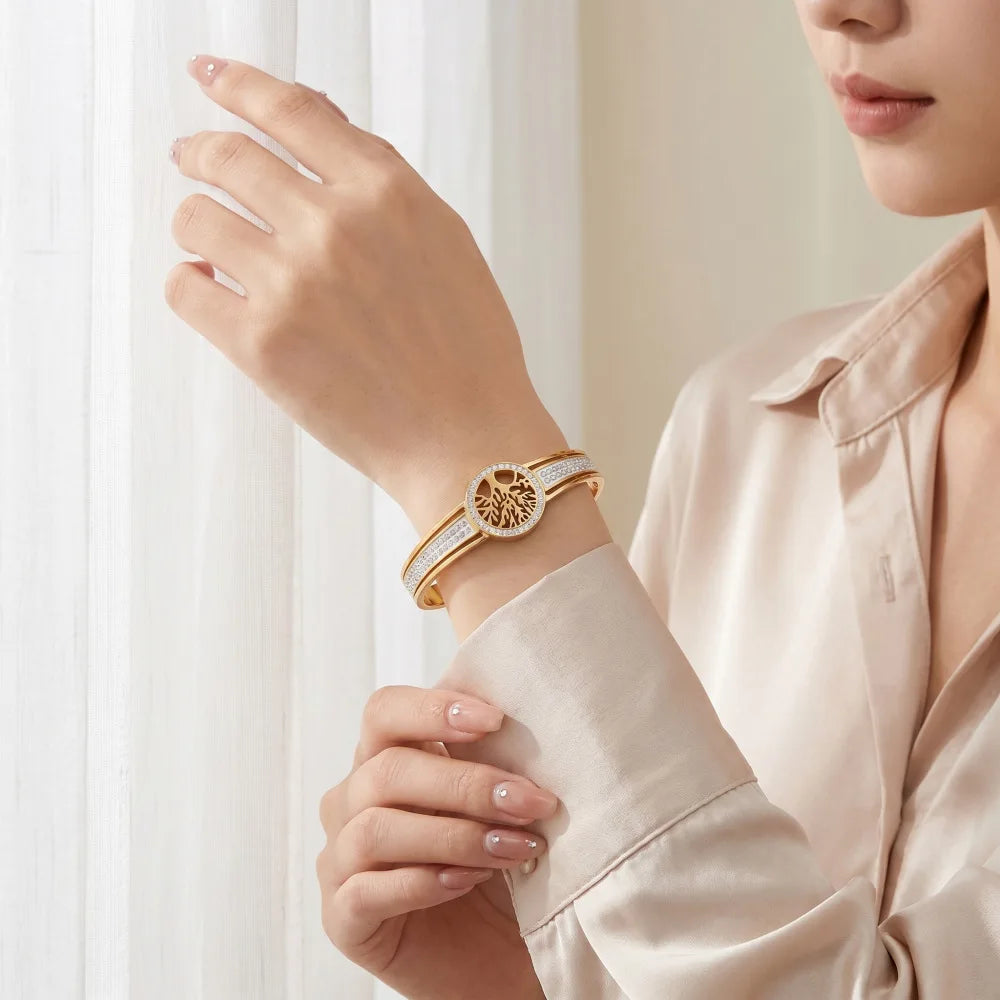 Tree Of Life Crystal Bangle Gold Stainless Steel Spring‑Open Bracelet