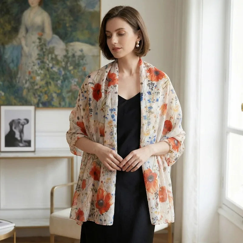 Lightweight Large 100% Mulberry Silk Scarf Oblong Shawl