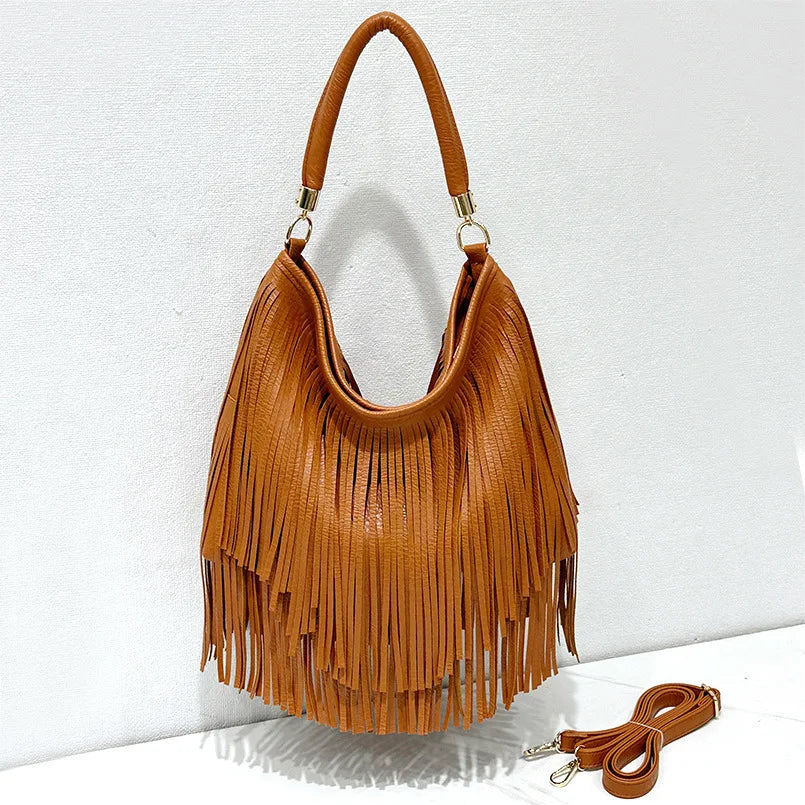 Large Capacity Tassel Shoulder Bags Leather Vintage Shoulder Crossbody Bags For Women
