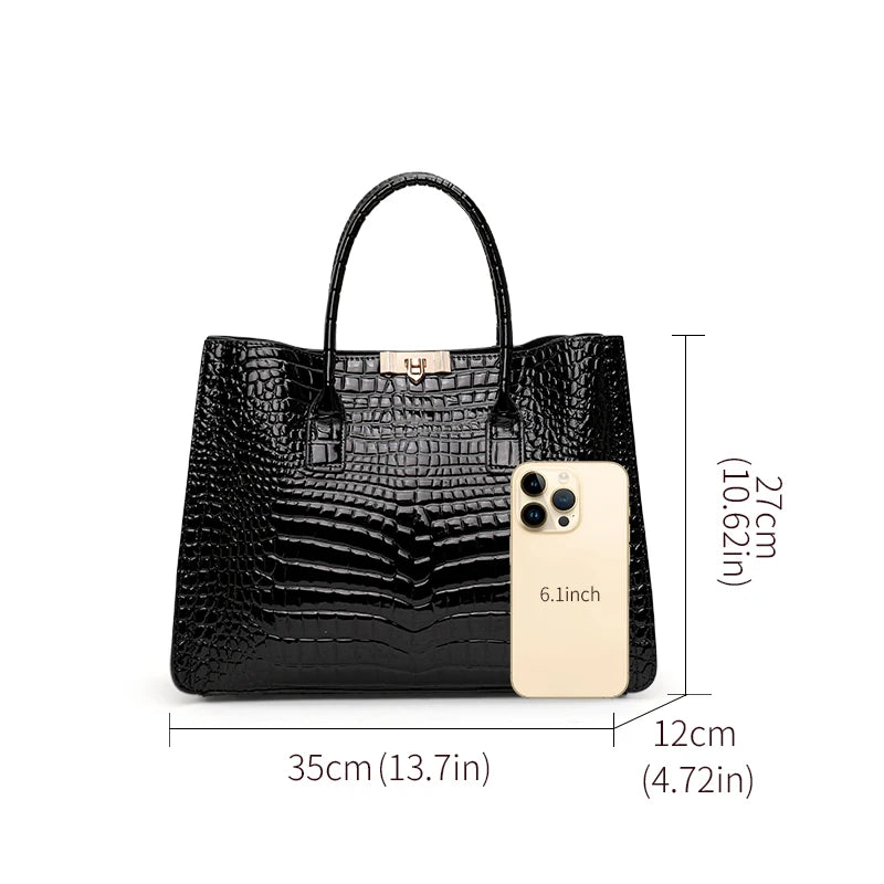 Luxury Crocodile Pattern Genuine Leather Tote Bag Large-Capacity