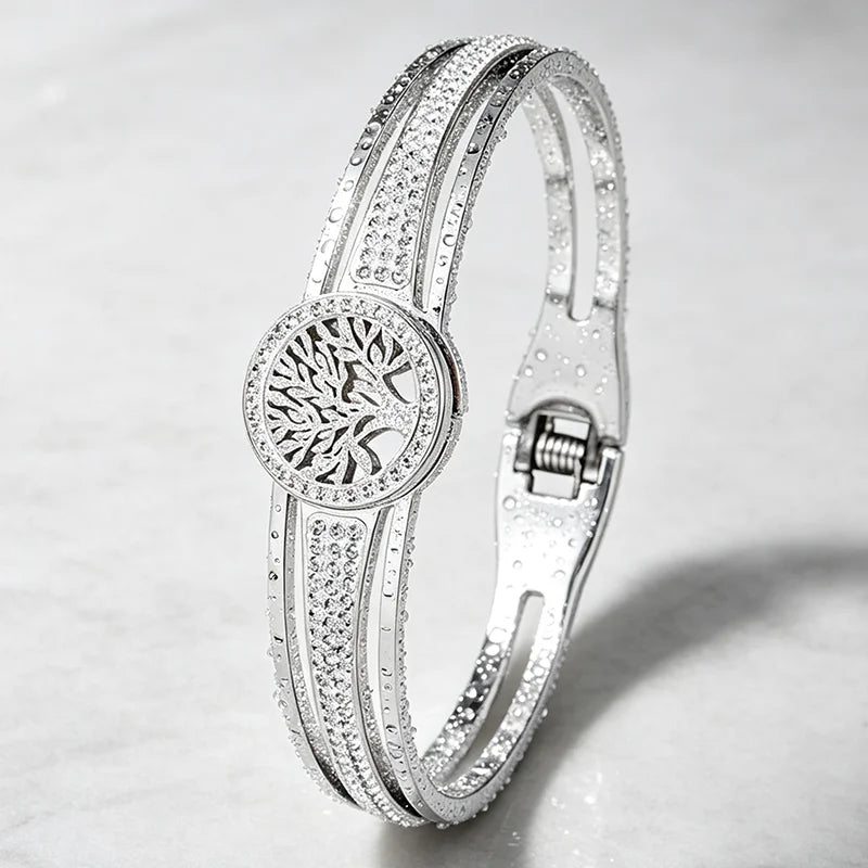 Tree Of Life Crystal Bangle Gold Stainless Steel Spring‑Open Bracelet