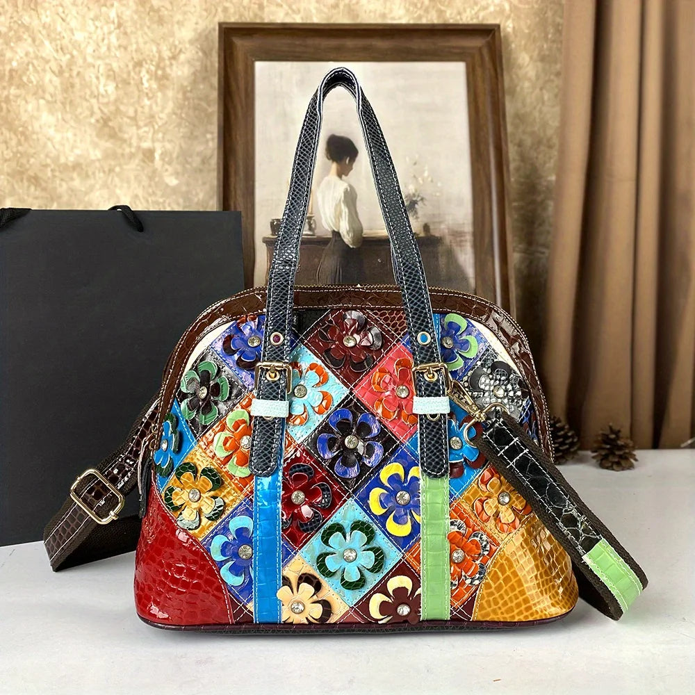 Handbag made of genuine leather handmade colorful flowers trendy crossbody bag