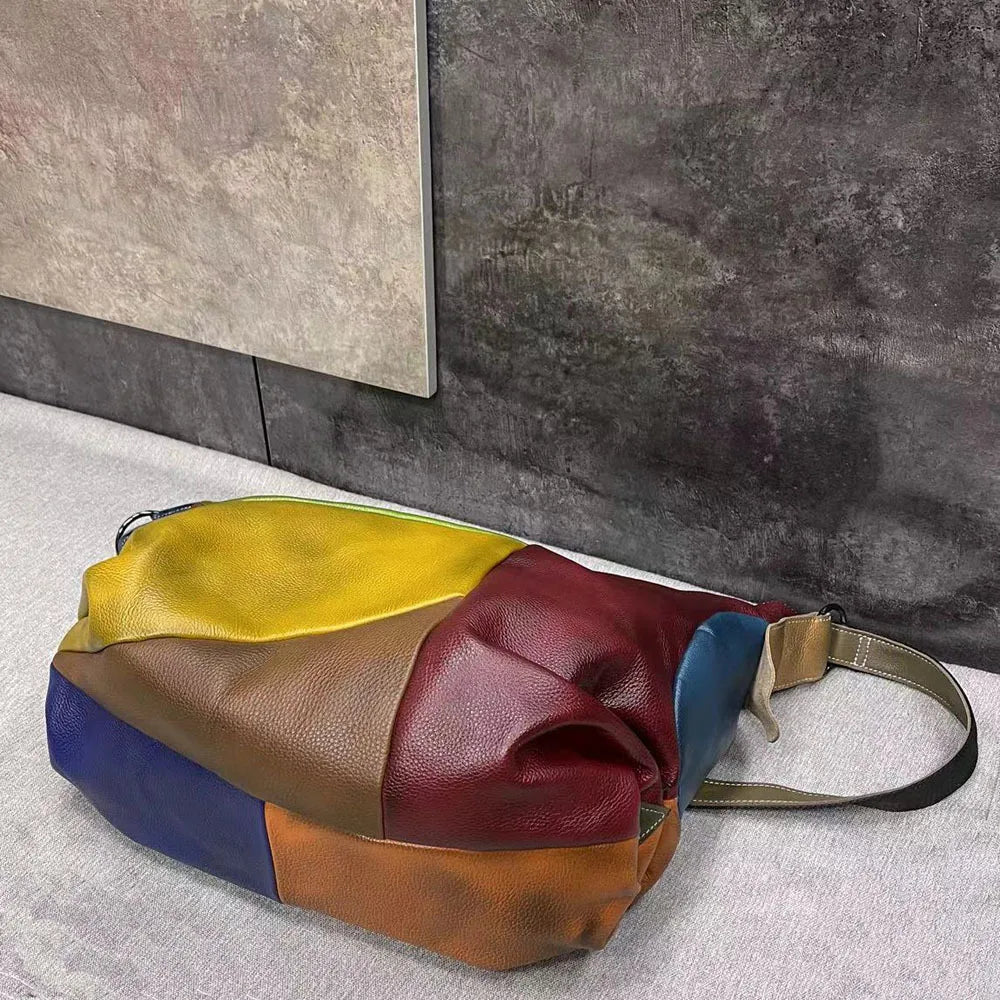 Oversized Genuine Leather Patchwork Vintage Hobo Shoulder Bag