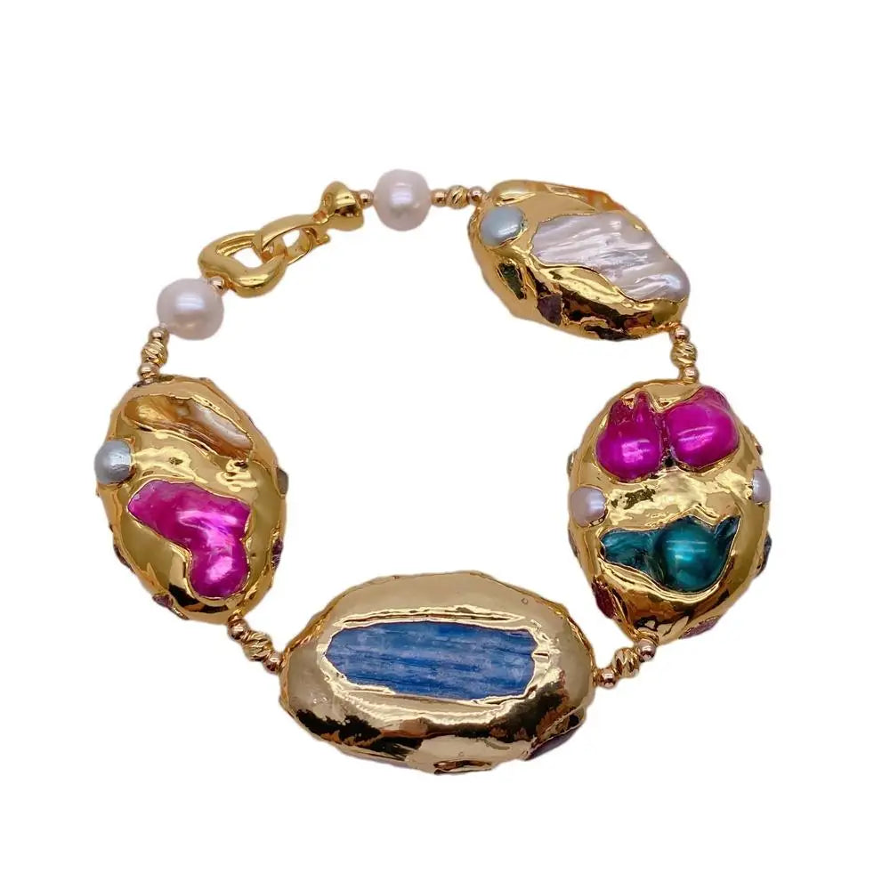 Blue Kyanite 24x35mm Multi Color Shell Pearl Bracelet