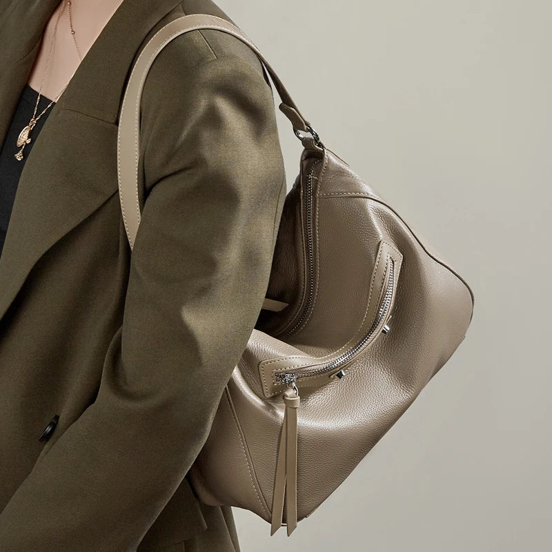 Retro Genuine Leather Underarm Shoulder Bag Luxury Design Solid Color Hobo