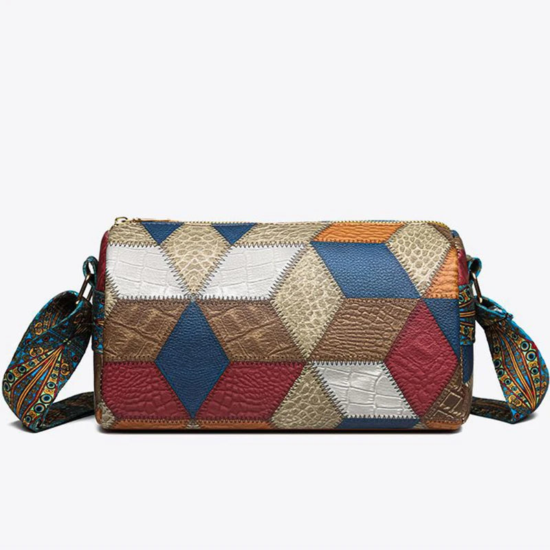 Distinctly ethnic style shoulder strap design neutral color rectangular crossbody bag