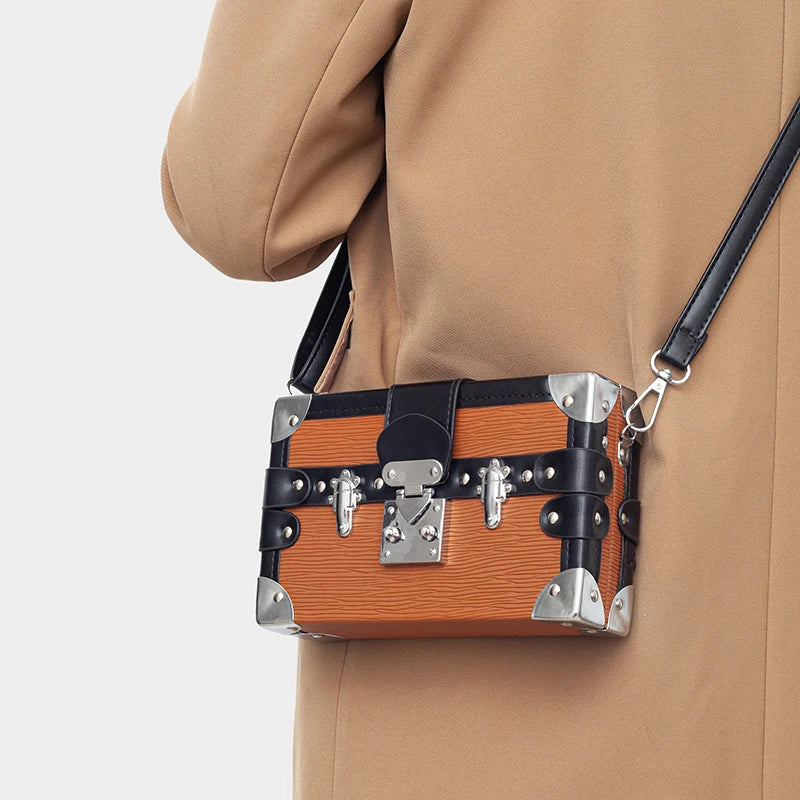 Trendy PU Leather Girls Shoulder Bag Handmade Retro Lock Box Purse Crossbody Bag