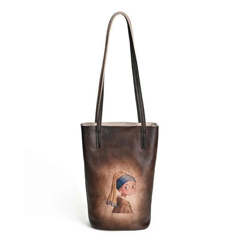 Retro Real Cowhide Hand-Printed Natural Genuine Leather Leisure Large Capacity