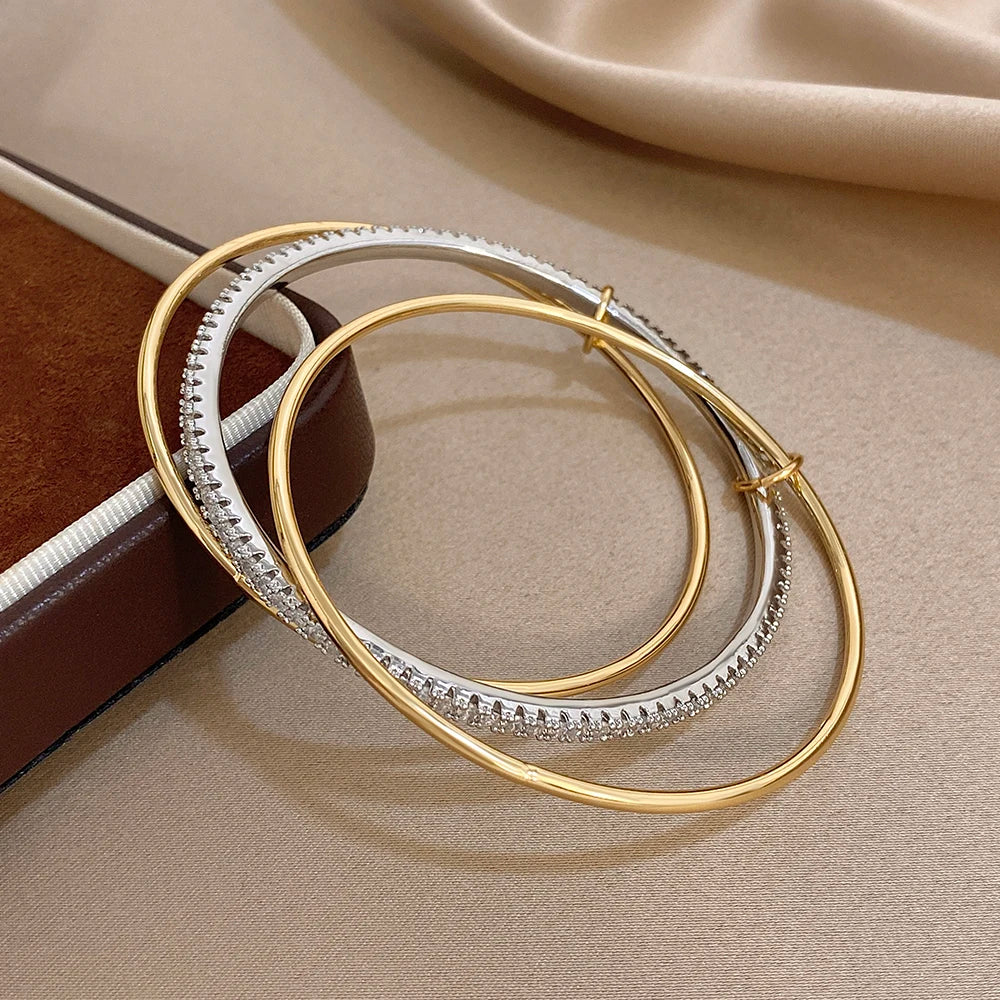 3pcs Two Tone Full Rhinestone Smooth Bangle Bracelets for Women