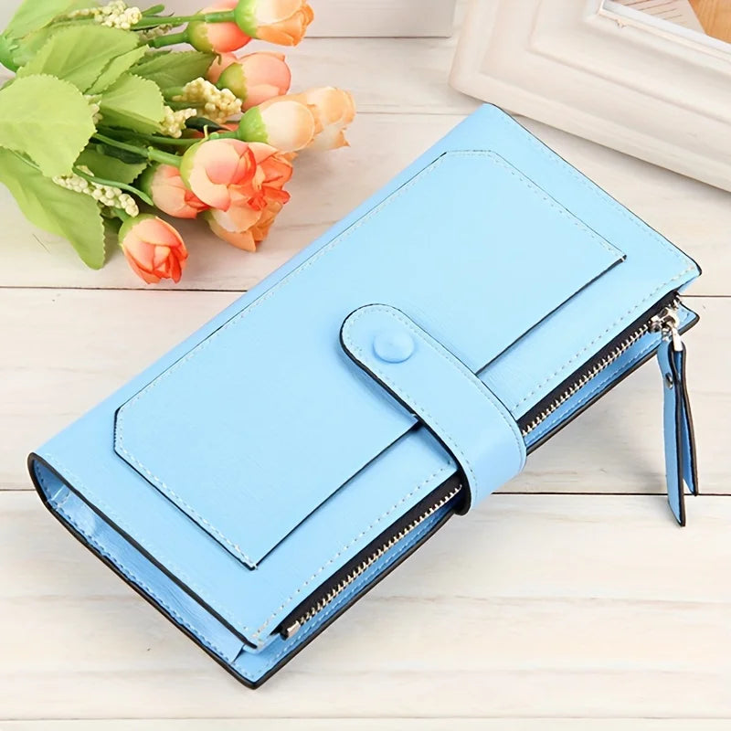 Women PU Leather Wallet Bifold Clutch Large Capacity Card Organizer Buckle Long Purse