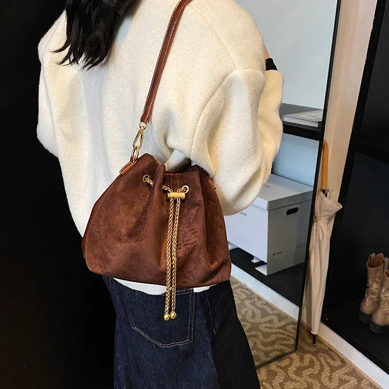 Soft Solid Faux Suede Simple Commuting Crossbody Bags String Closure Type Handbags