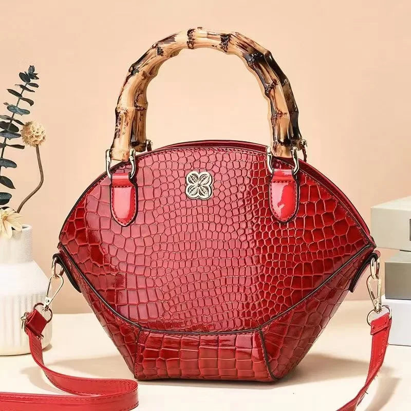 Fashionable Bag Texture Retro Bamboo Handbag Niche Creative Stone Pattern Leather Bag