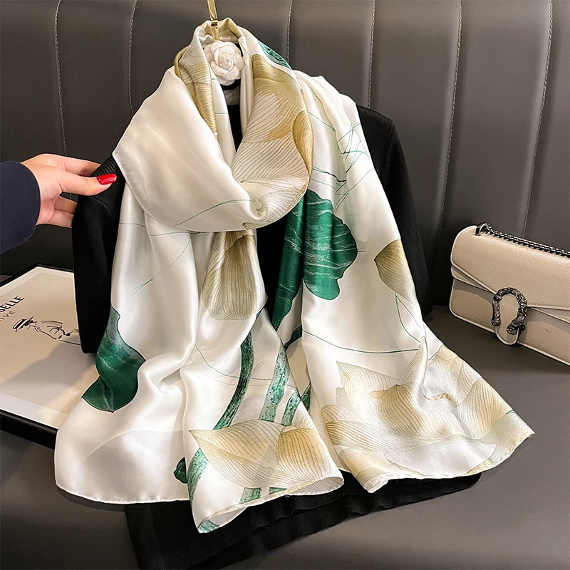 180*90cm Large Silk Satin Scarf Hijab Women Print Shawl