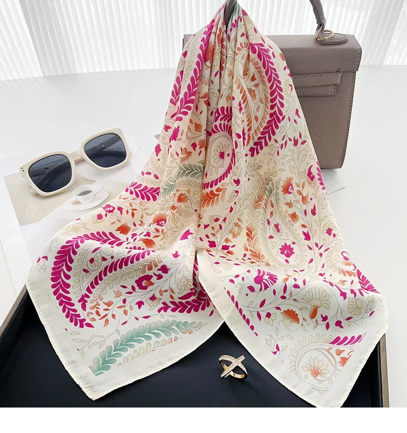 Square Scarf Women Luxury Floral Print Soft Satin Kerchief Hairband Neckerchief