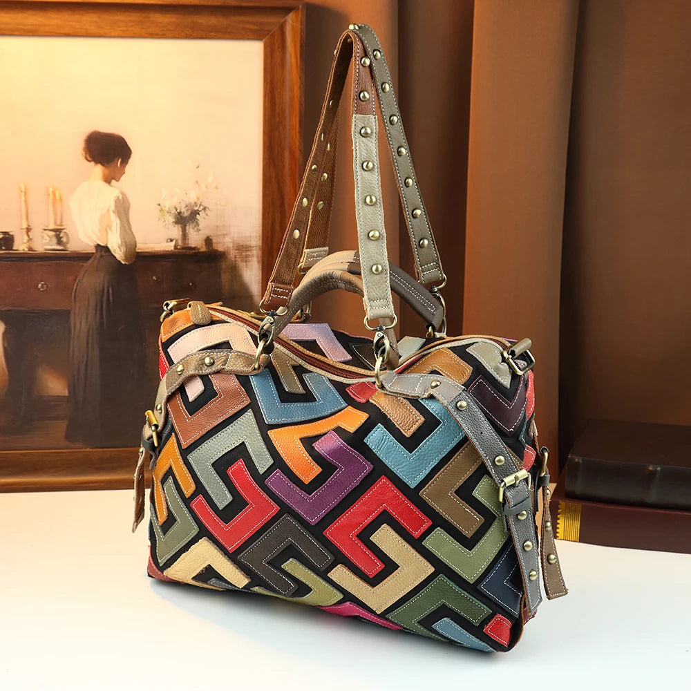 Crossbody retro geometric color blocked leather computer bag
