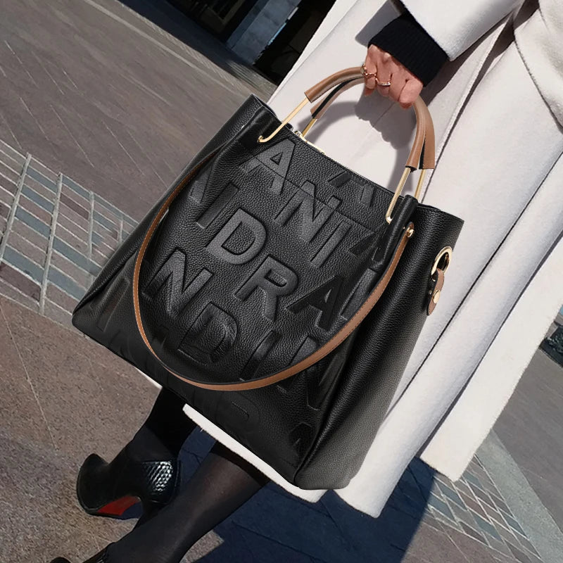 Embossed Letter Tote  Black-Brown Color Block Spacious Commute Handbag & Crossbody
