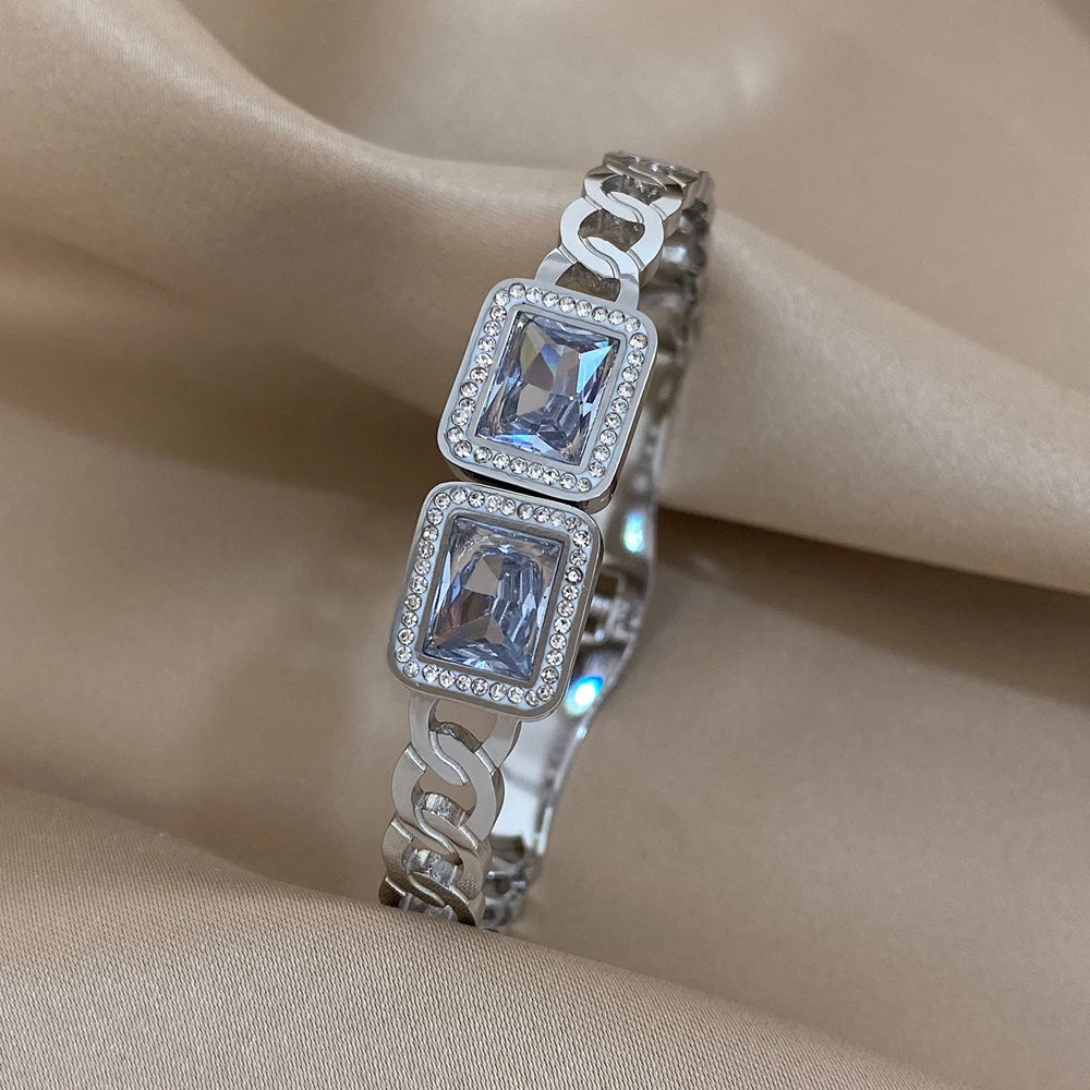 Luxury Big White Square Cubic Zirconia Stainless Steel Cuff Bracelet Jewelry