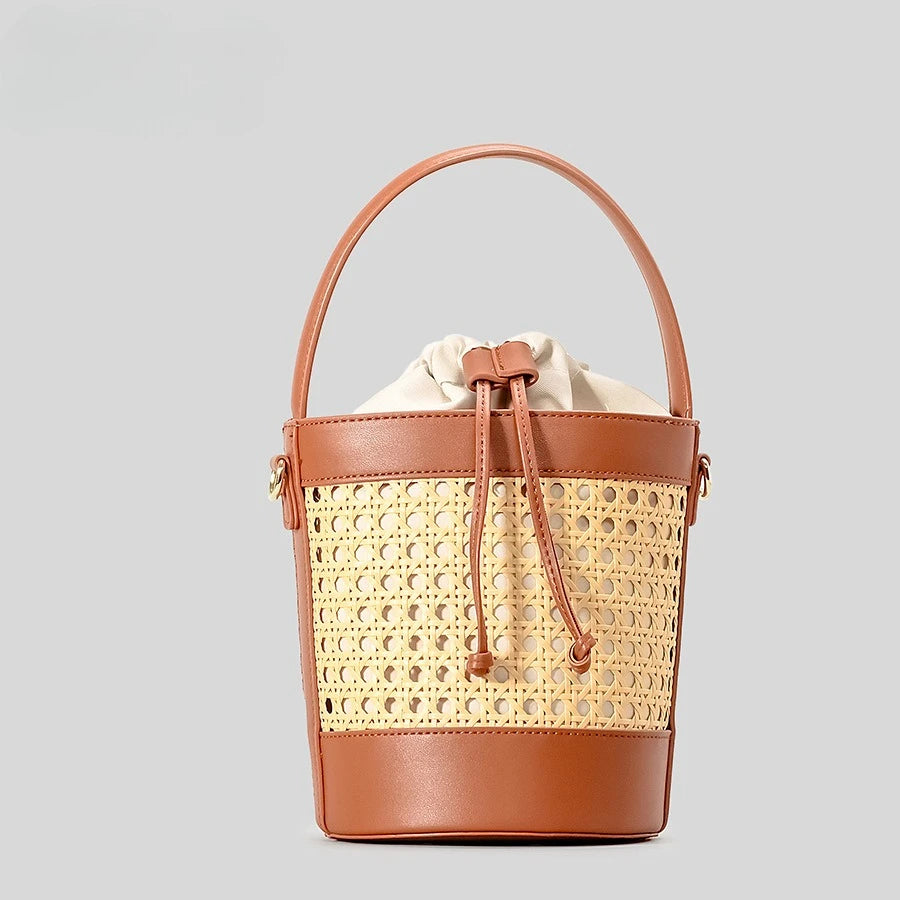 Fashionable Rattan Small Crossbody Handbag Leather Trim