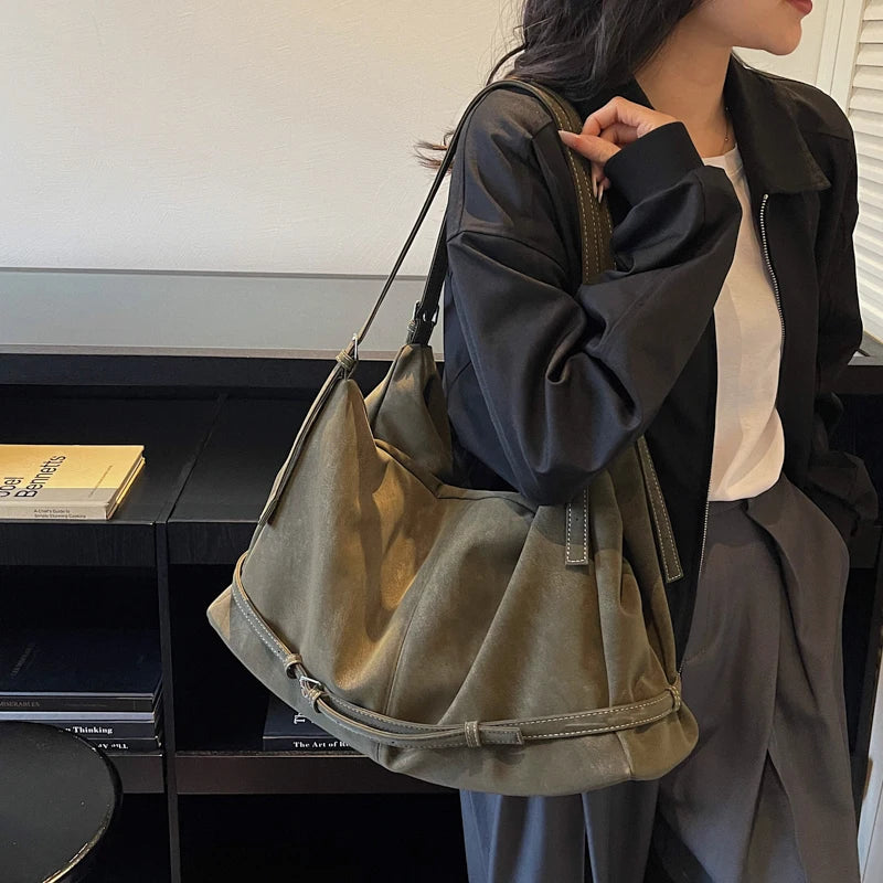 Retro Suede Tote Bag Large Capacity Shoulder Bag Trendy Metal Buckle Strap