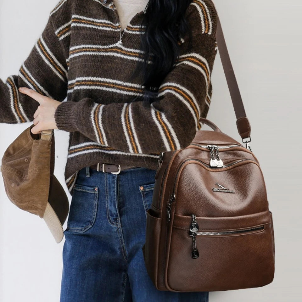 Pebbled Leather Texture Backpack Shoulder Bag Large Capacity Commuter Daypack