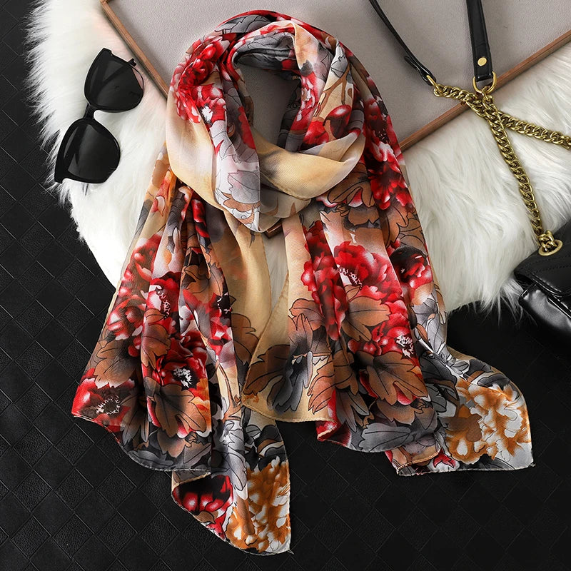 Thin Soft Chiffon Scarves Women Floral Print Silky Scarf