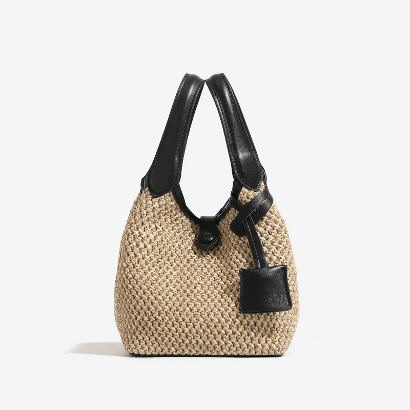 Straw Woven Bucket Bag Leather Handle Crossbody Bag