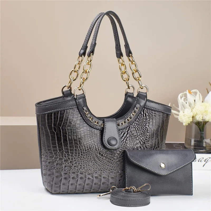 2Piece Set Chain Exquisite Crocodile Patterned Purse Handbag Elegant Crossbody