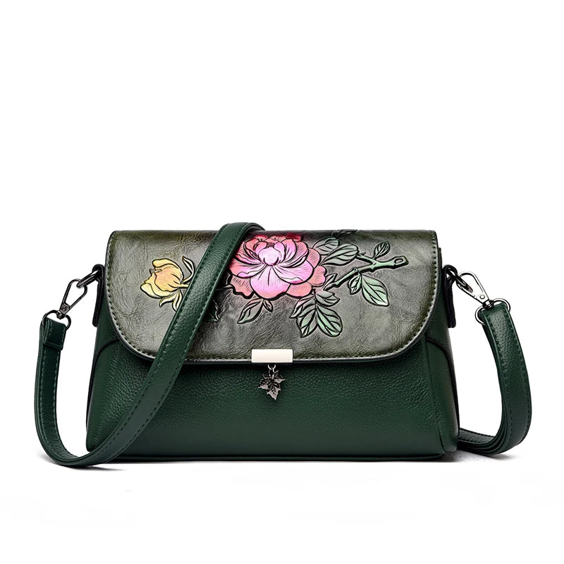 Vintage 3D Floral Embossed Crossbody Bag Soft Leather Elegant Bag Luxury Handbag