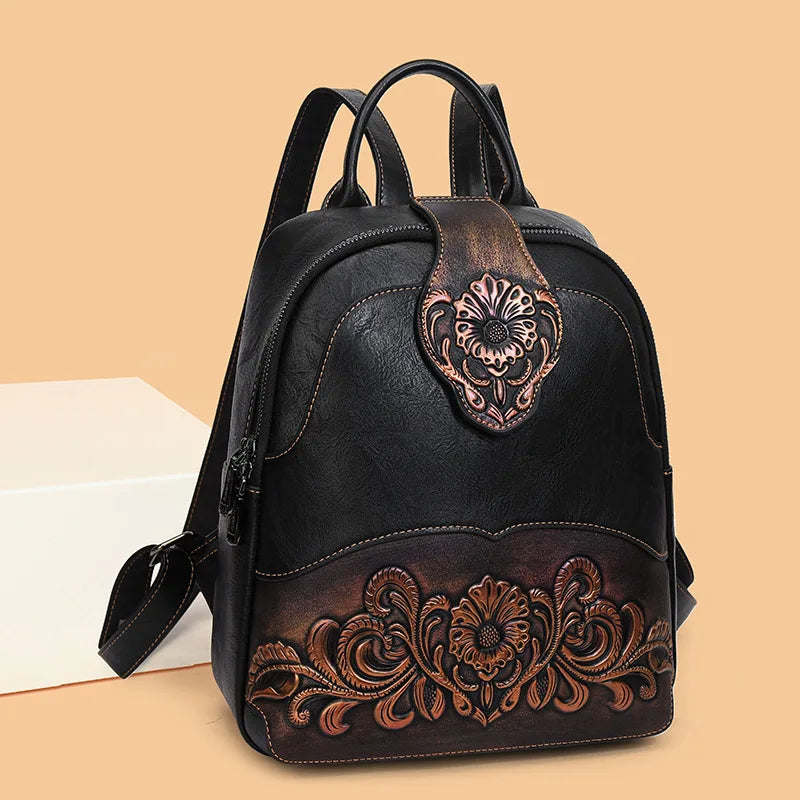 Vintage Embossing Women Backpacks Large Capacity Print Patchwork Travel Backpack