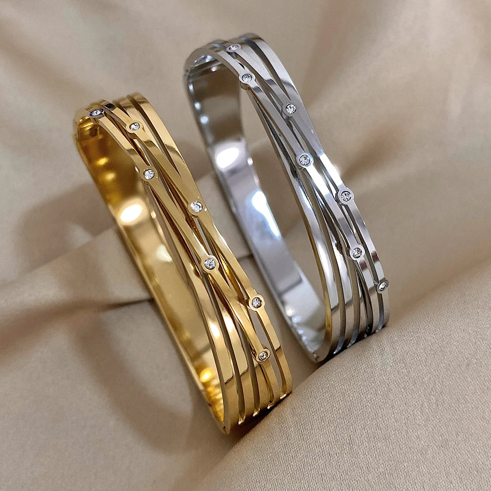 Trendy Inlaid Rhinestone Stainless Steel Geometric Cross Cuff Bangles Bracelets