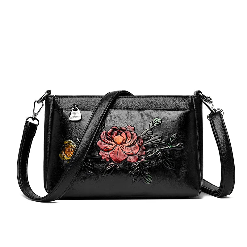 Genuine Brand Top Quality Pu Leather Vintage 3D Floral Embossed Elegant Handbag