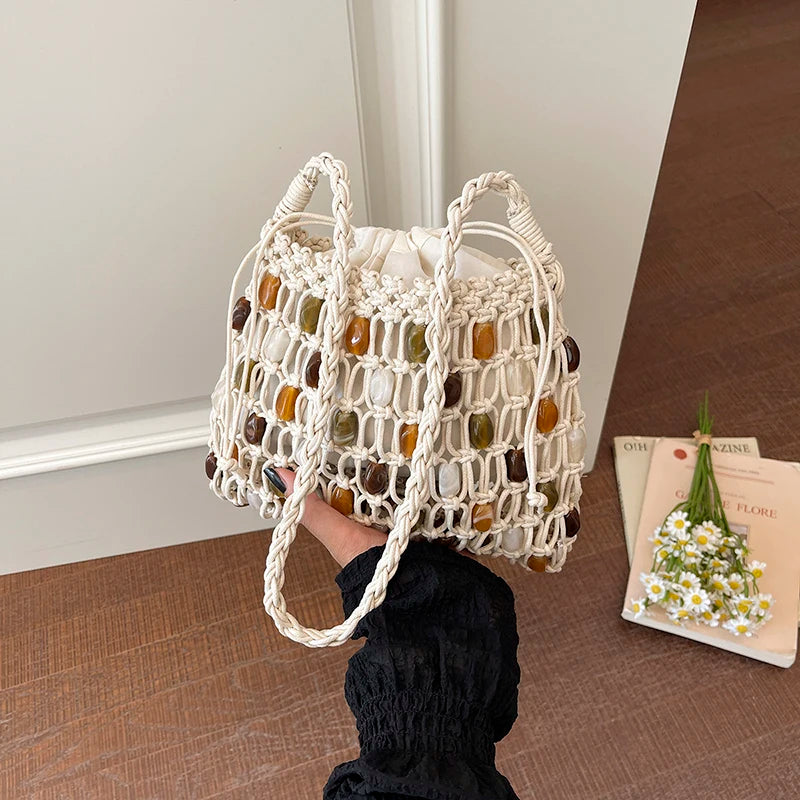 Beaded Crochet Mesh Tote Handmade Woven Hollow Out Bag