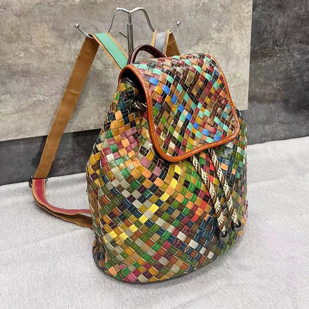 Color Weaving Genuine Leather Backpack Real Cow Leather Backpack Vintage Fashion