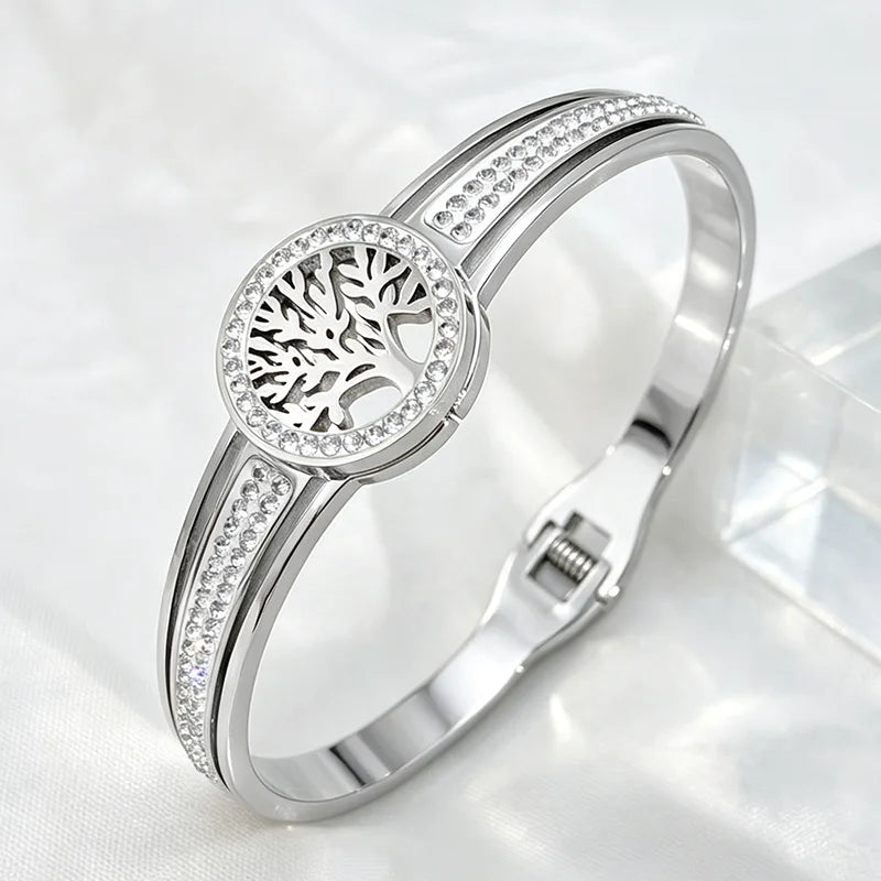 Tree Of Life Crystal Bangle Gold Stainless Steel Spring‑Open Bracelet
