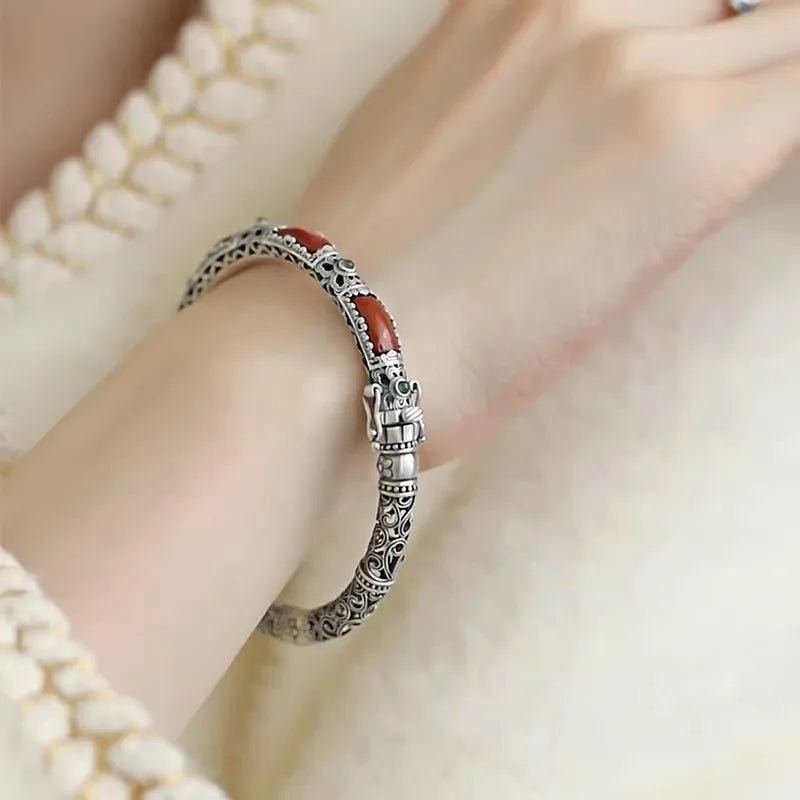 Retro style silver 925 inlaid red tourmaline bracelet