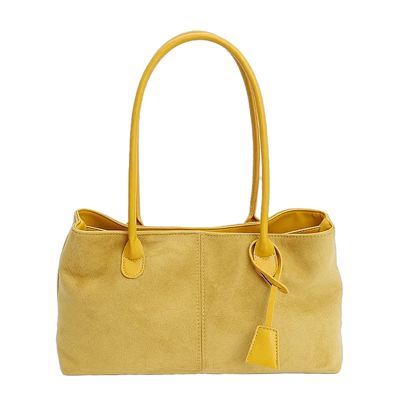 Vintage Faux Suede Leather Tote Bag Contrast Color Strap Casual Shoulder Handbag