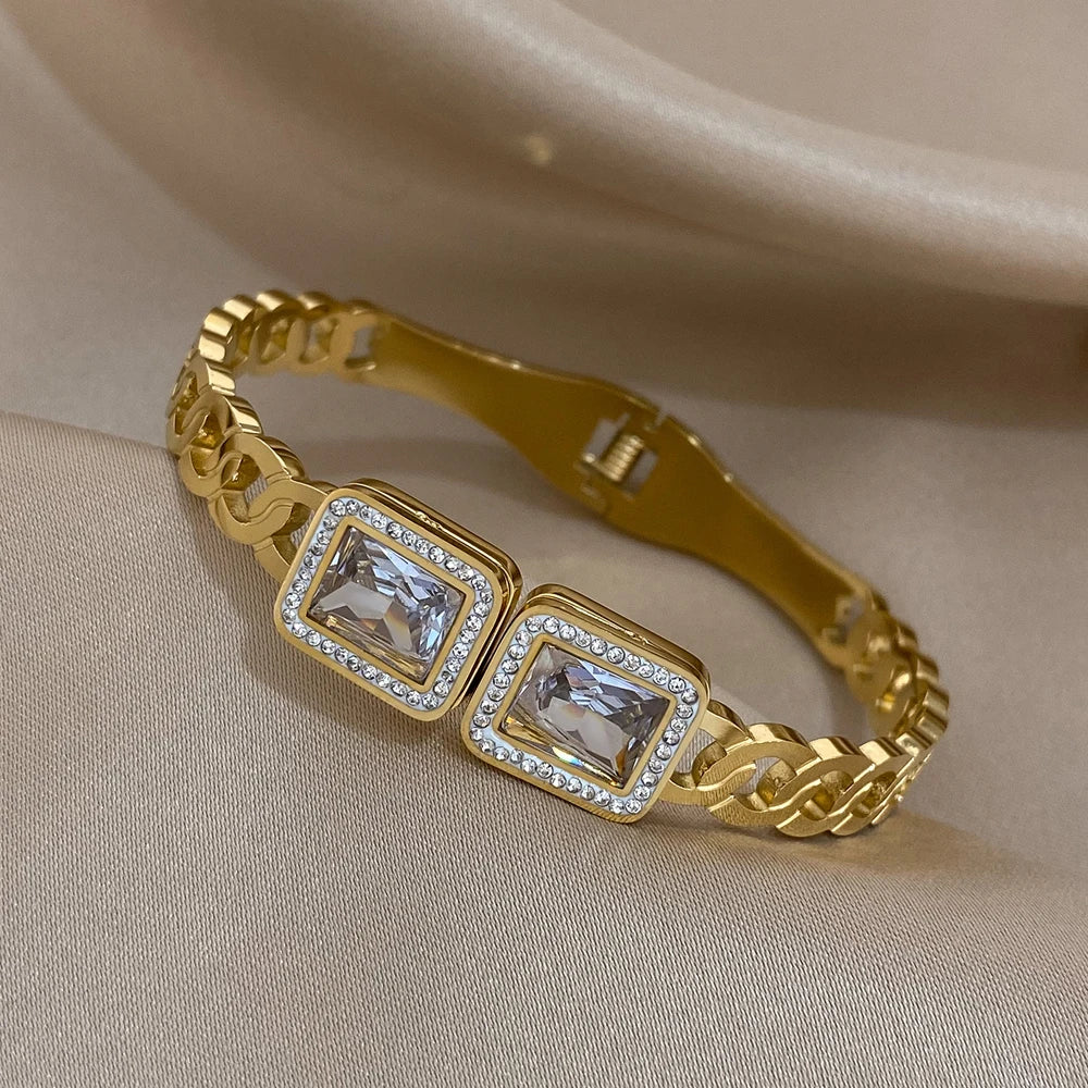 Luxury Big White Square Cubic Zirconia Stainless Steel Cuff Bracelet Jewelry