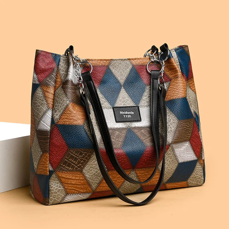 Fashion Contrast Color Large Capacity Female Tote Bag PU Leather Shoulder Bag