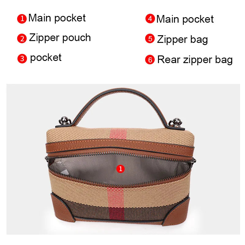 Women's shoulder crossbody mini bag plaid small square bag made of canvas and cowhide