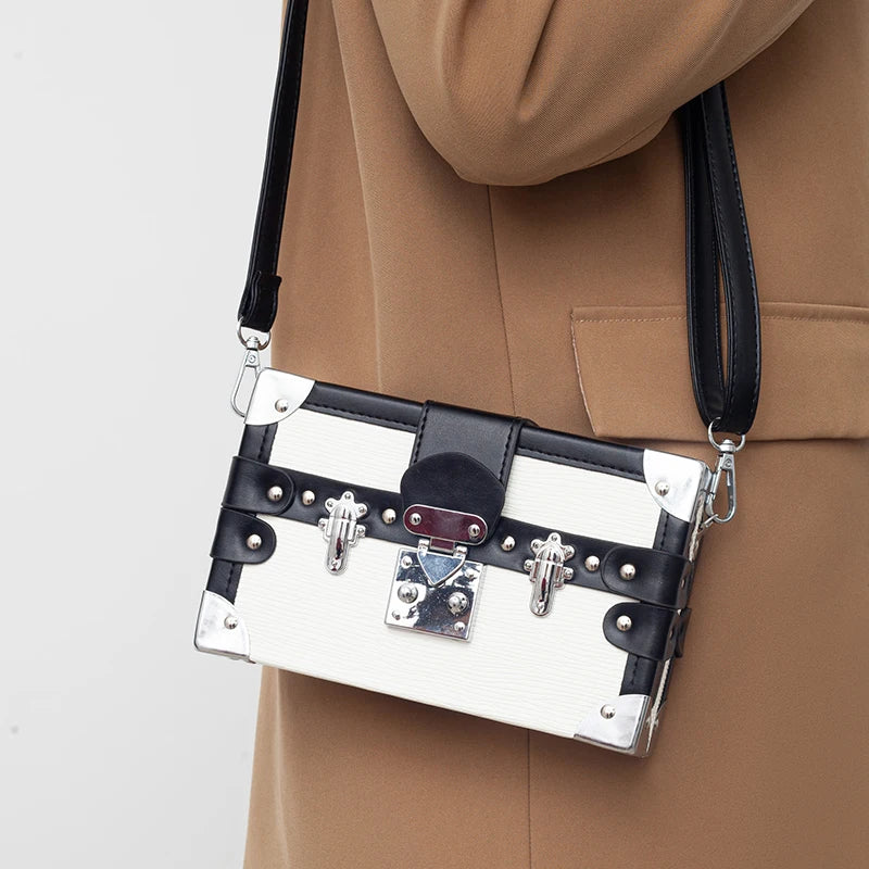 Trendy PU Leather Girls Shoulder Bag Handmade Retro Lock Box Purse Crossbody Bag